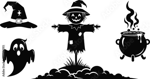 Halloween silhouette collection featuring a spooky scarecrow in a field, a bubbling witch cauldron, a ghostly spirit, and a pointed magic hat