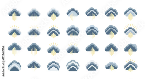 Abstract Digital Clouds with Light Rays, Pixel Art Style, Weather Icons