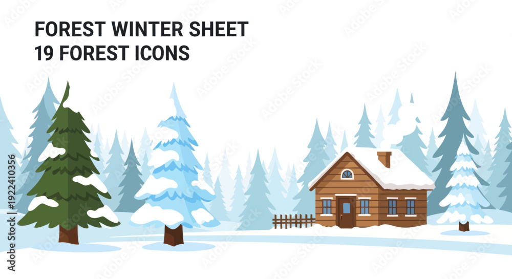 Fototapeta premium Cozy Cabin in Snowy Winter Forest Landscape with Pine Trees