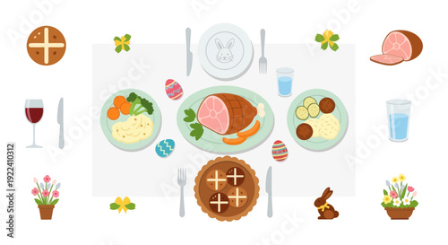 Easter Dinner Table Setting with Ham, Hot Cross Buns, and Dessert