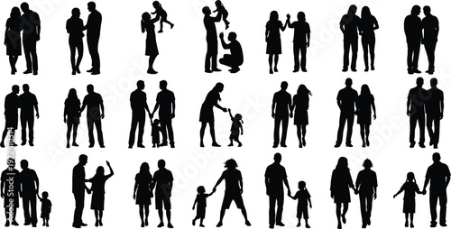 Large collection of black silhouettes featuring couples, families, parents with children, walking together, holding hands, and carrying kids isolated on white background