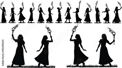 Large collection of black silhouettes featuring elegant women in long dresses holding flaming torches while walking and posing on grass background