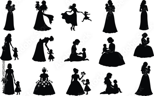 Large collection of black silhouettes featuring mothers with children, pregnant women, parents holding hands, and families walking together isolated on white