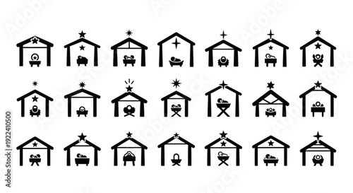 Nativity Scene Icons Collection: Baby Jesus, Manger, Stable, Star, Shepherd, Sheep
