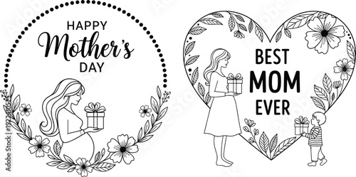 Bild auf Leinwand Mother's Day line art collection featuring pregnant woman holding gift box, flor