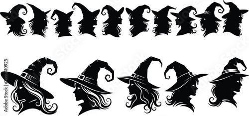 Spooky Halloween silhouette collection featuring beautiful witch profiles with long hair wearing pointed hats with buckles isolated on a white background