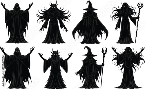 Spooky Halloween silhouette collection featuring dark wizards, hooded sorcerers, mystical witches with magic staves, and demonic figures with horns isolated on white