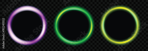 Vibrant Neon Glow Circles Set – Abstract Blurred Pink and Purple Rings with Energetic Light Effect Isolated on Transparent and Black Background for Modern Design Projects