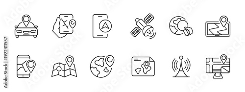 Navigation set icon. Car location, route map, mobile compass, satellite signal, globe search, gps screen, folded map, earth marker, document direction, antenna tower, monitor route, travel tracking.