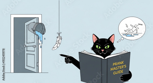 Mischievous black cat reads prank book planning trick with fishing line and door