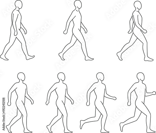 Walking human figure outline set with seven step poses, minimal black line anatomy silhouettes for motion study, animation frames, icon design isolated.