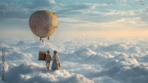 A romantic pair embarking on a dreamy journey in a vintage hot air balloon floating above clouds 