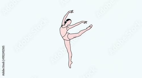 Ballet dancer in mid performance with arms raised and one leg extended in a graceful pose on white background