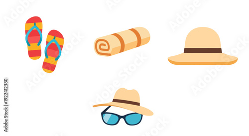 Summer Vacation Essentials: Flip-flops, Hat, Sunglasses, Towel
