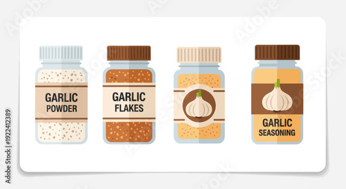 Variety of Garlic Products: Powder, Flakes, Granules, and Seasoning in Jars