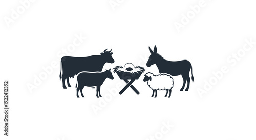 Nativity Scene Silhouette: Manger, Cow, Donkey, Sheep, Goat