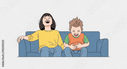 Laughing children sitting on blue couch happy kids enjoying leisure time together