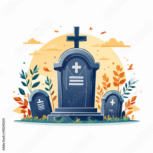 Stylized cemetery scene with weathered gravestones, symbolic cross, and autumnal foliage under a serene sky, evoking peace and remembrance