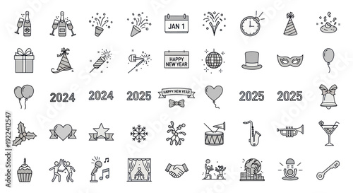 New Year Celebration Icons: Countdown, Party, Gifts, Music, and Festive Elements
