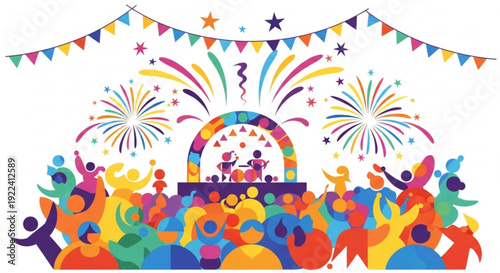 Vibrant party crowd celebrating with fireworks and rainbow arch festive banner and joyful atmosphere at a music festival or carnival event