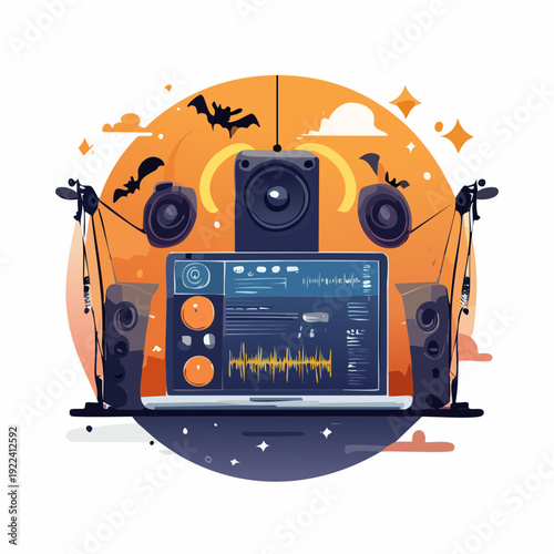 Digital Music Production and Audio Editing Setup with Speakers and Laptop