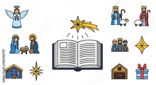 Christmas Nativity Scene Icons: Jesus, Mary, Joseph, Angels, Wise Men, Stable, Star