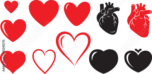 A collection of various heart shapes and colors on a white background for valentine's day or love themed designs