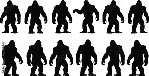 Bigfoot silhouette collection featuring mythical sasquatch creature in different poses, black monster vector set isolated on white background for fantasy design