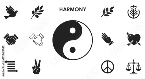 Harmony Symbols: Yin Yang, Peace, Dove, Heart, Justice, Handshake, Olive Branch