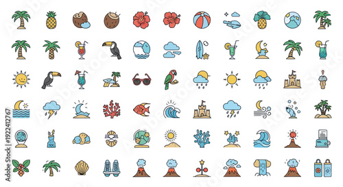 Summer Vacation Icons Set: Tropical Beach, Travel, Weather, and Nature Elements