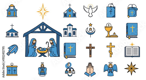 Christianity Icons: Nativity, Church, Bible, Cross, Angel, Dove, Prayer