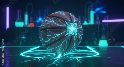 Stunning 3D render of a basketball pulsing with electric cyan bioluminescent energy, intricate vein-like light patterns spreading across its textured surface from a brilliant central core.