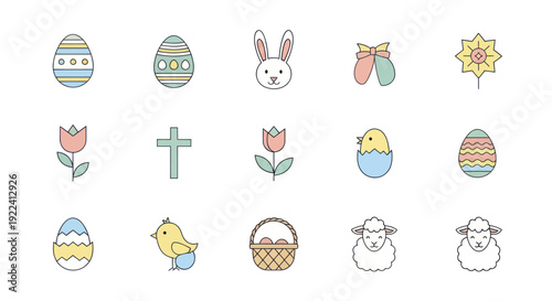 Easter Icons Set: Eggs, Bunny, Chick, Tulip, Cross, Sheep, Basket, Flower