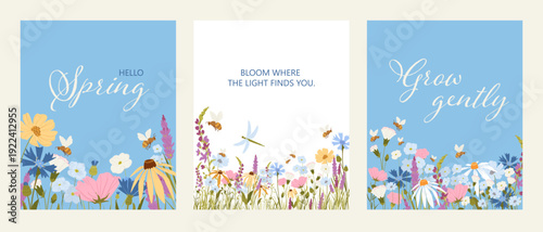 Wild Meadow Flowers Border Cards and Garden Blooms with Bees and Dragonfly in Soft Pastel Botanical Style.