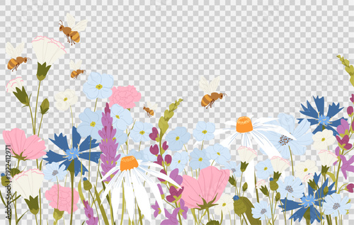 Wild Meadow Flowers Border and Garden Blooms with Bees and Dragonfly in Soft Pastel Botanical Style.