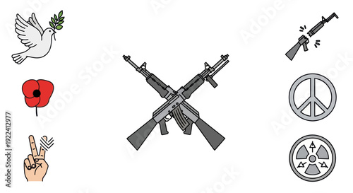 Peace symbols vs. warfare icons: dove, poppy, peace sign, guns, radiation