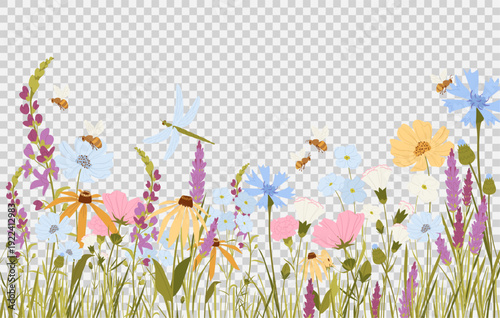 Wild Meadow Flowers Border and Garden Blooms with Bees and Dragonfly in Soft Pastel Botanical Style.