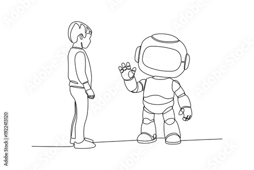 Child Meeting Friendly AI Robot. Ai and Human Colaboration Concept. Single line draw design Video 4k. Footage graphic illustration