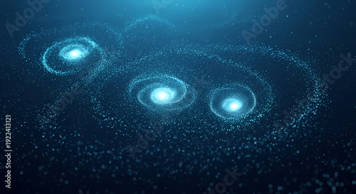 Breathtaking cosmic digital artwork depicting multiple spiral galaxy formations created from countless luminous cyan particles swirling in deep space.