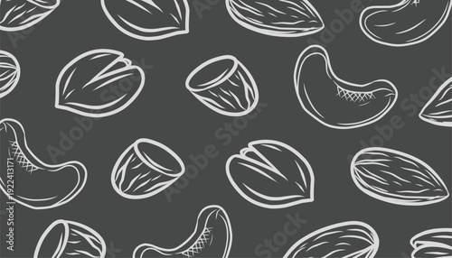 Mixed Nuts Seamless Pattern. Almond pattern. Cashew background. istachio Illustration. Hand Drawn Outline Vector. Repeating Food Background Design.