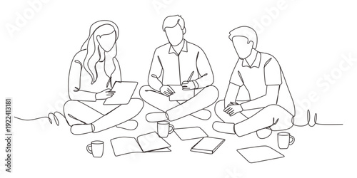 Group of three people working together continuous one line vector drawing. Students preparing to exams  doing homework. Coworking. Job meeting  discussion