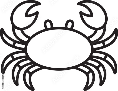 A simple black outline drawing of a friendly crab with large claws on a white surface