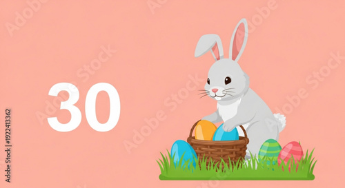 White easter bunny with basket of colorful eggs on grass against soft pink background symbolizing spring and new life