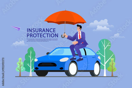 Car insurance protection concept illustration with a businessman holding a large umbrella. Professional vector design for vehicle safety, financial security, and insurance marketing services.
