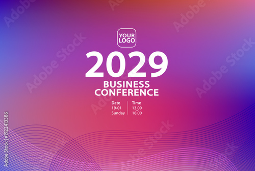Business conference banner with elegant purple and pink fluid lines. Premium vector template featuring a rich gradient background and copy space for executive digital event promotion.