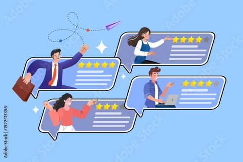 Online customer feedback and rating concept. Flat vector illustration of various people giving star reviews, ideal for e-commerce testimonials and service quality assessment marketing.