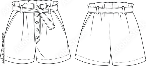 Fashionable high-waisted women’s shorts with belt and button front, trendy summer wear, stylish casual bottoms, fashion sketch illustration.