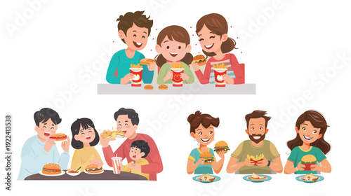 Family eating fast food together at table, parents and children enjoying burgers and fries in casual restaurant setting, happy mealtime lifestyle concept for modern urban dining and bonding moments