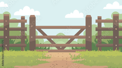 Farm gate arch vector illustration with rustic wooden entrance and countryside pathway, rural barnyard portal isolated on white background, simple agricultural landscape design for ranch, garden 