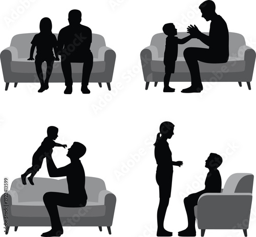 Family silhouettes on sofa, parent and child interaction scenes showing love and bonding at home
